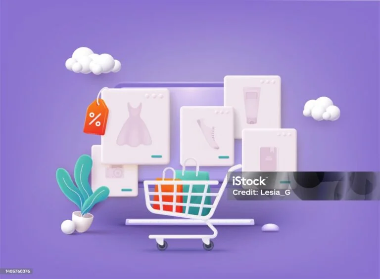 Online shopping. Design graphic elements, signs, symbols. Mobile marketing and digital marketing. 3D Web Vector Illustrations.