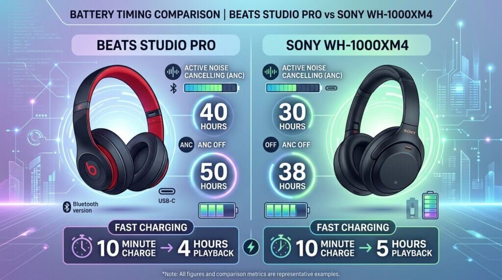 Beats Studio Pro vs Sony WH-1000XM4 which lasts logner battery life