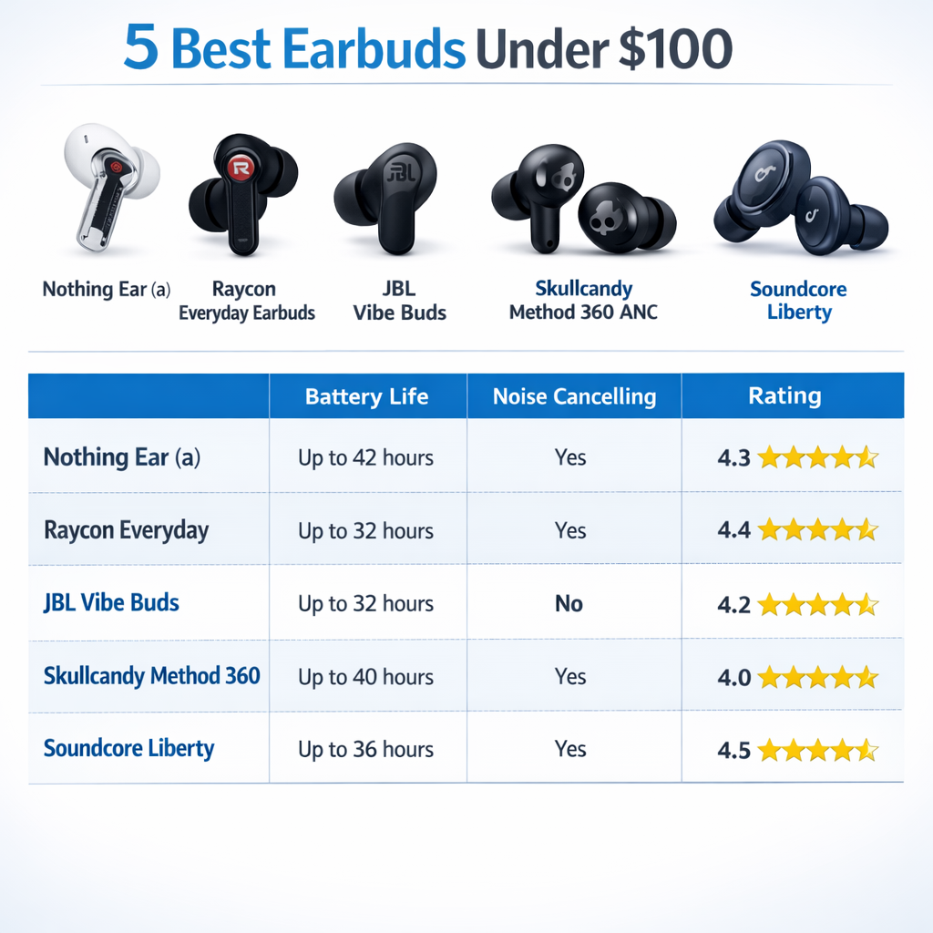 5 best earbuds under $100 table comparison.