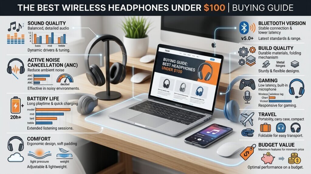 How to choose the best headphones under $100 buying guide infographic