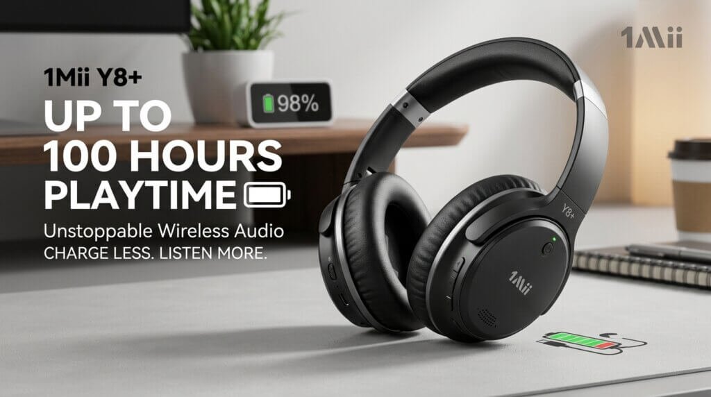 1Mii Y8+ wireless headphones featuring extended battery life and over-ear comfort.