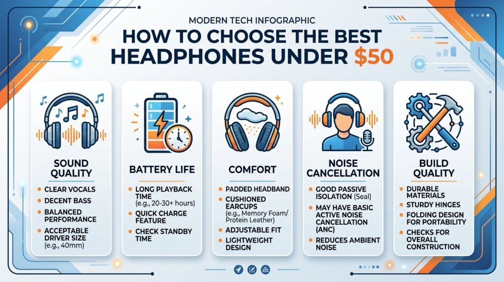 Complete buying guide for choosing the best headphones under $50.